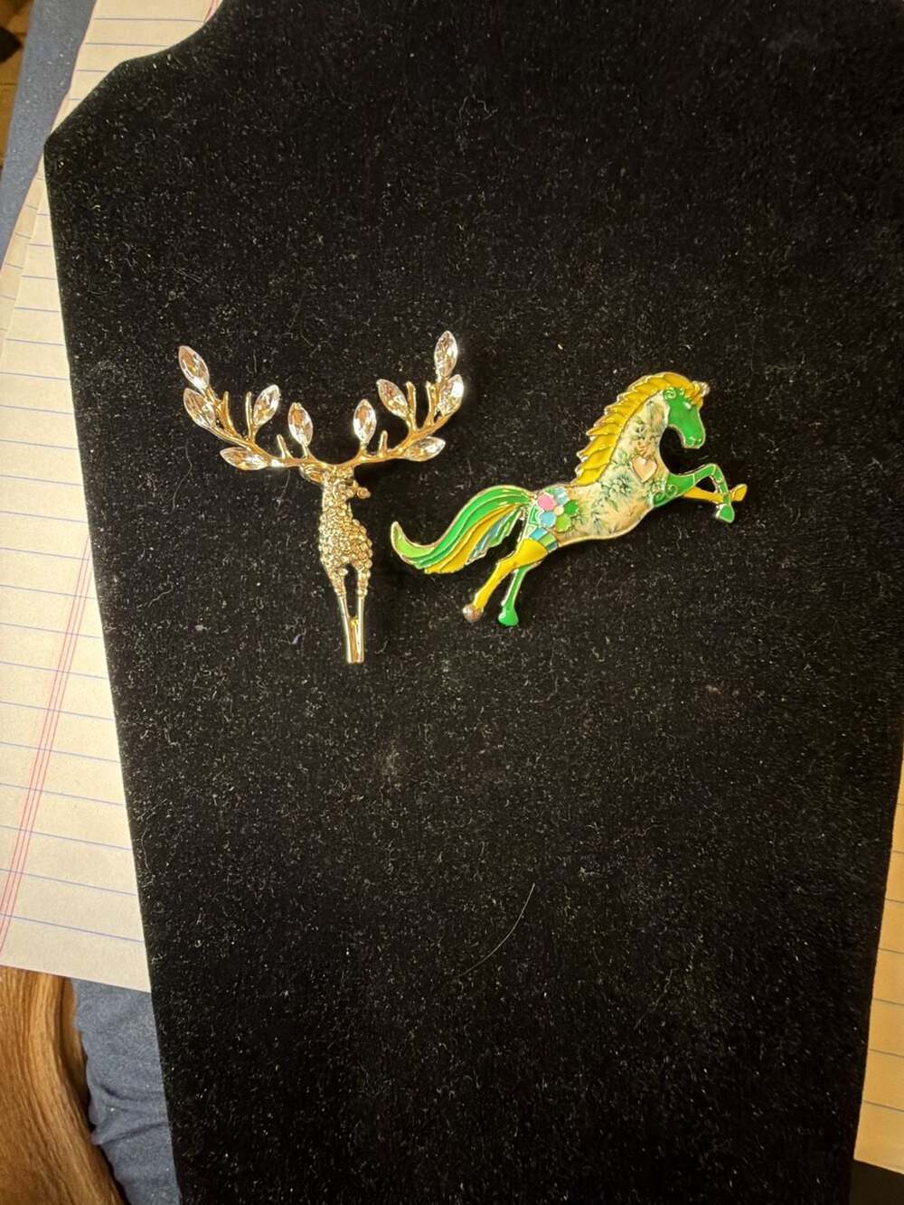 Lot of 2 Vintage Figural Brooches: Gold Tone  Reindeer and Carousel Horse Pins